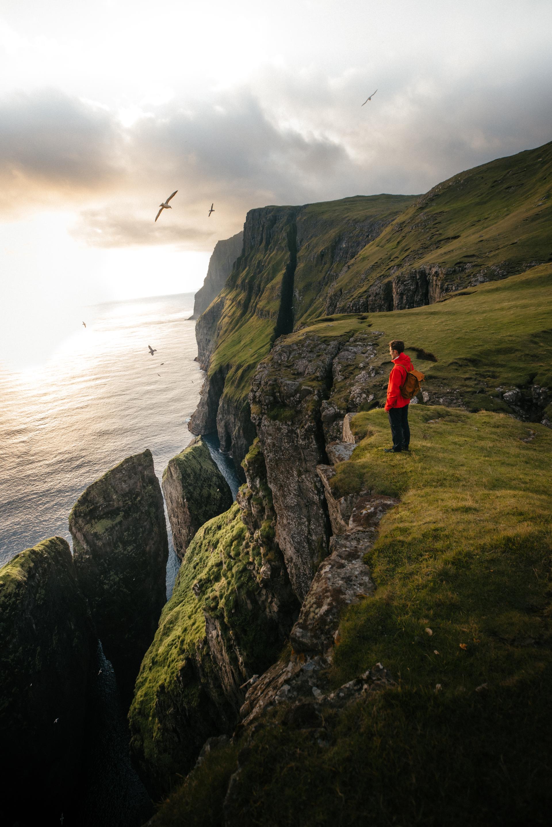 Thumbnail of - Man in red jacket wearing backpack watching birds and a sunset in the Faroe Islands