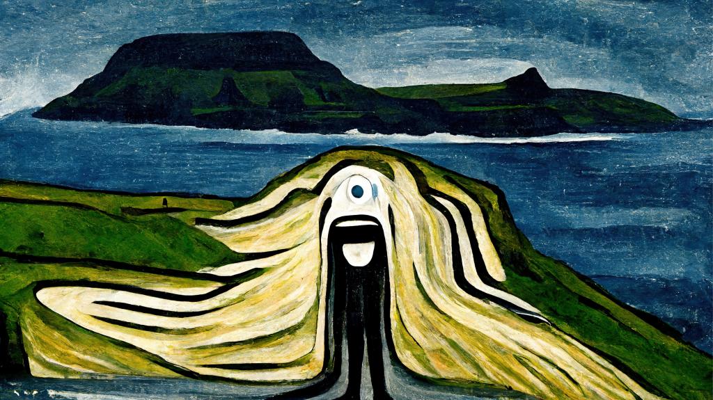Imagine Faroe Islands inspired by Edvard Munch using  AI Technology, Midjourney. 