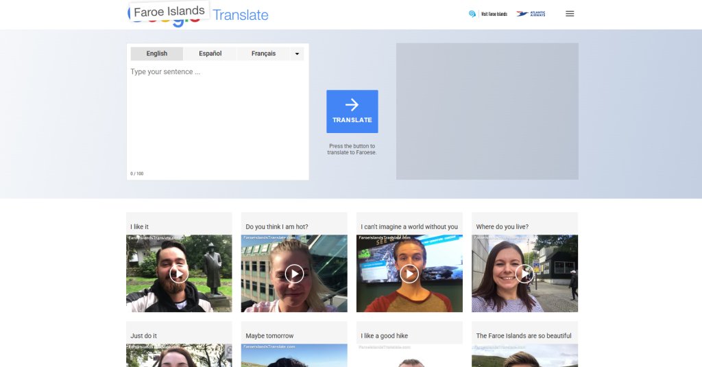 Screenshot of the website for the project of VIsit Faroe Islands for our Faroe Islands Translate project