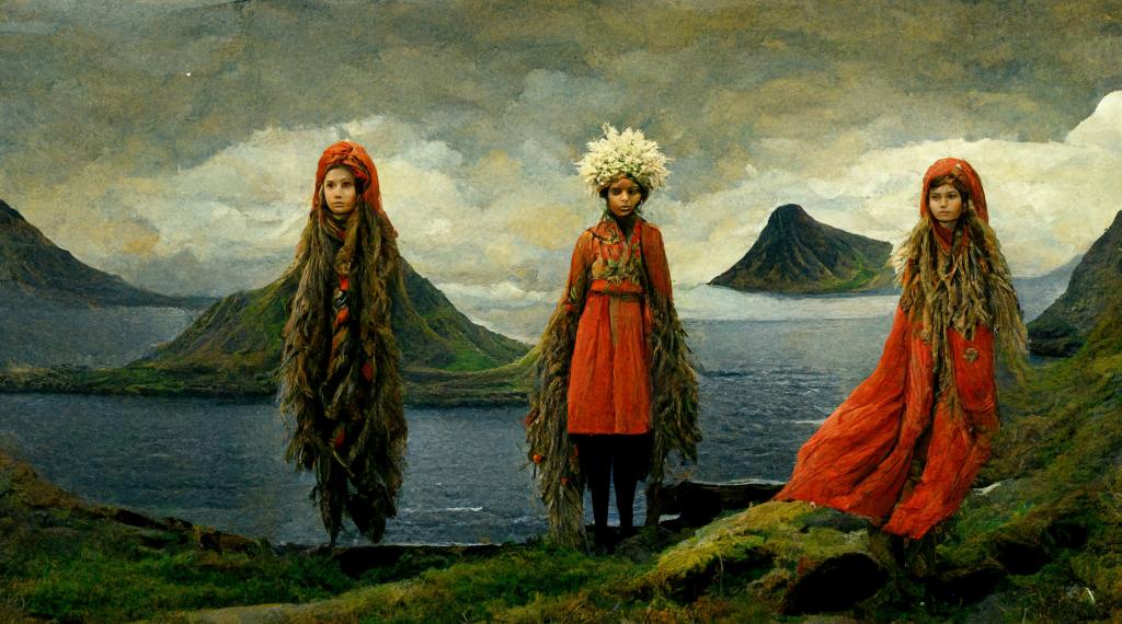 Imagine Faroe Islands inspired by Leonor Fini using  AI Technology, Midjourney. 
