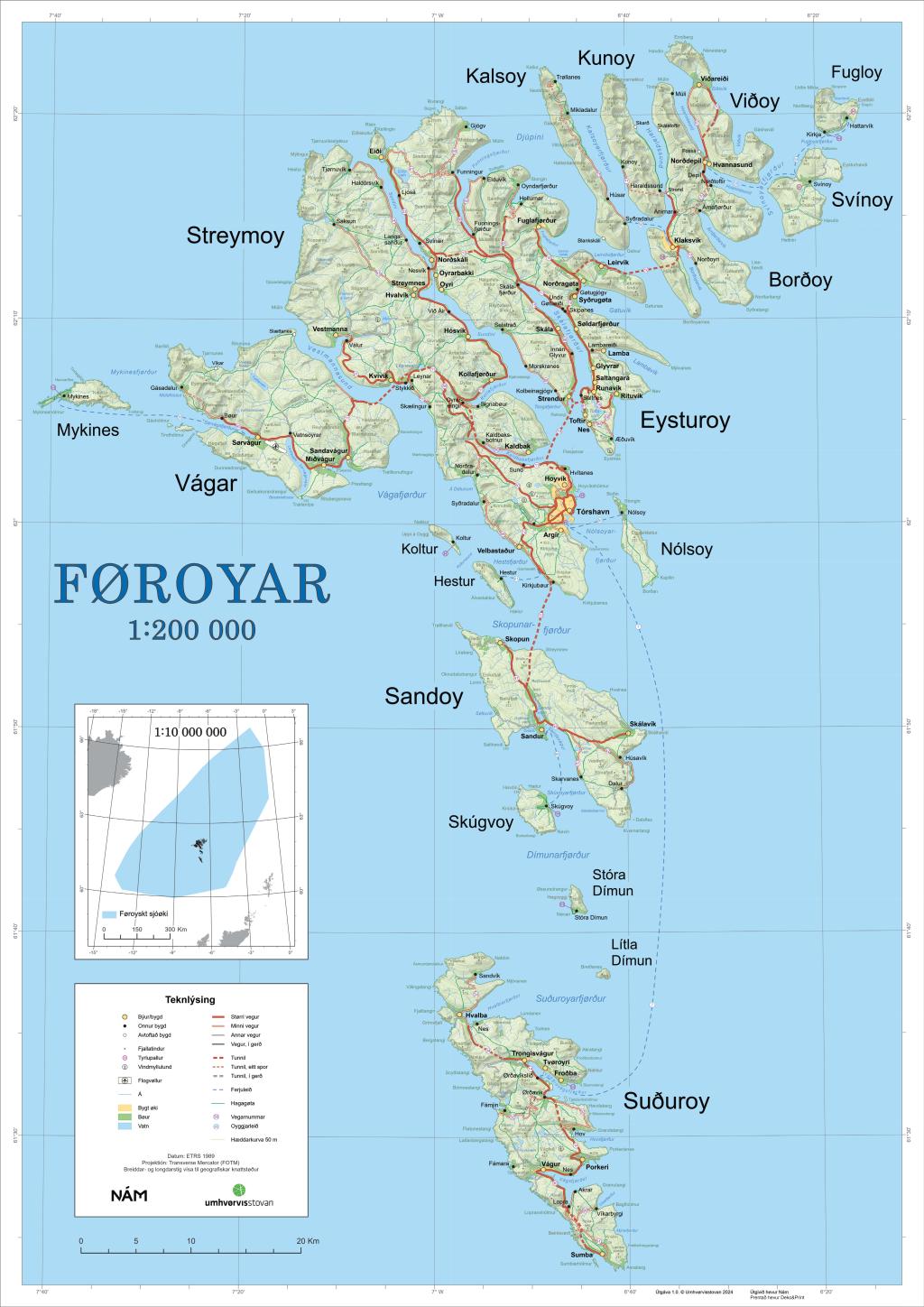 Detailed areal map of the Faroe Islands showing villages, roads, tunnels, subsea tunnels, ferry and helicopter routes