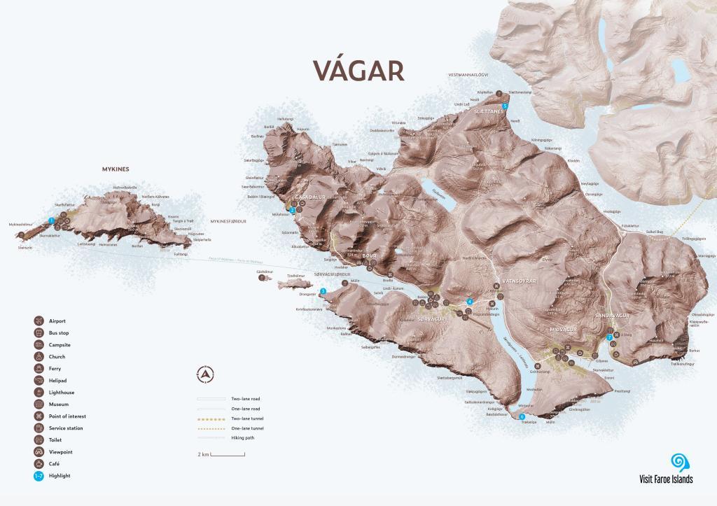 Detailed regional map of the island of Vagar, Vàgar, the Faroe Islands