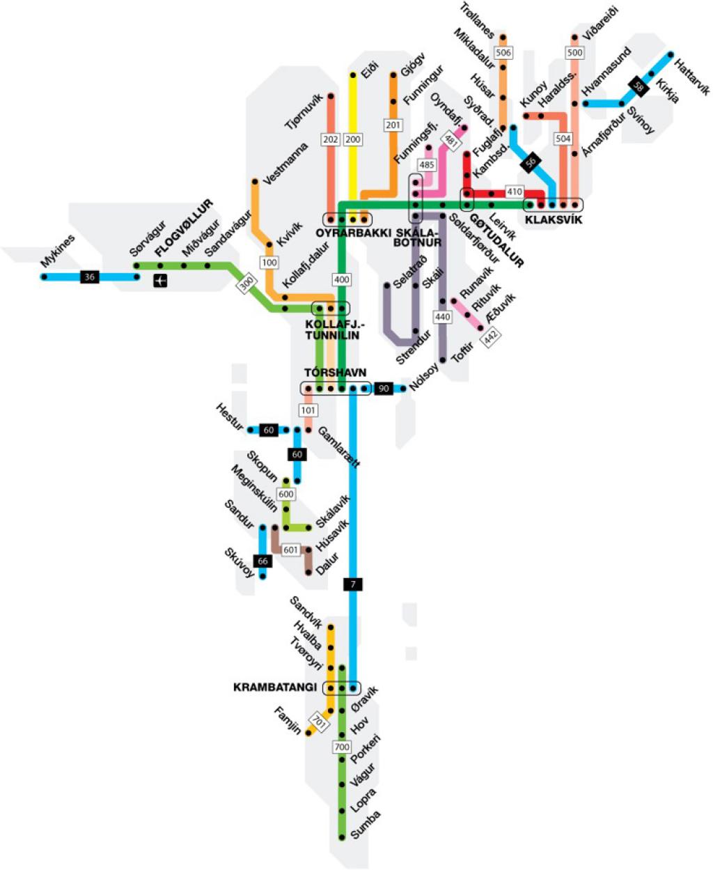 public  bus and ferry map for the Faroe Islands by www.ssl.fo, the Faroese public transport authority SSL