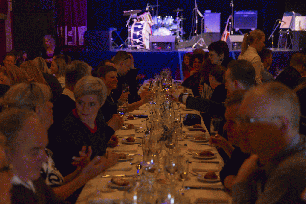 Happy famshop participants at the farewell dinner at the teather in Torshavn, Sjóleikahúsið