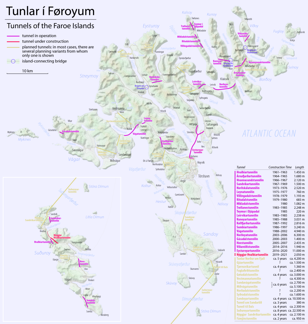 Map of tunnels and subsea tunnels of the Faroe Islands